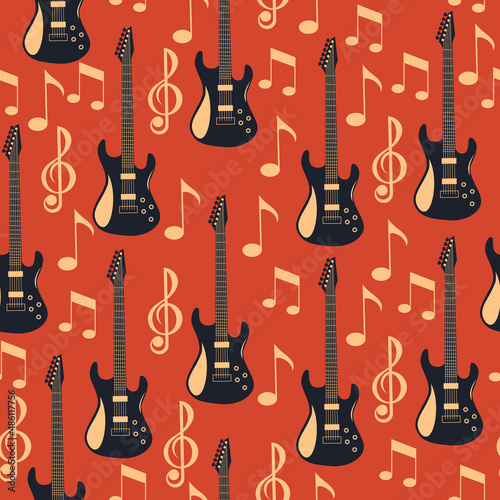 Guitars. Musical instruments seamless pattern in the style of rock, jazz, rock n roll. Vector image.