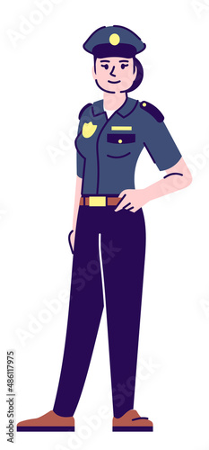 Responding to emergency situations semi flat RGB color vector illustration. Female police officer wearing uniform isolated cartoon character on white background