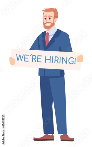 Actively looking for job candidates semi flat RGB color vector illustration. Male employer isolated cartoon character on white background