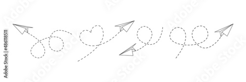 Paper airplanes with line dotted route set. Sending message linear fold planes collection. Vector isolated on white.