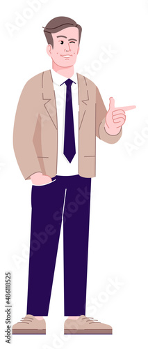 Playful behavior semi flat RGB color vector illustration. Coquette man winking isolated cartoon character on white background