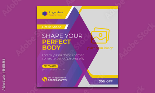 Fitness gym any social media post design. Editable gym exercise social media and web banner template. Video cover photo template