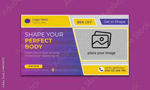 Fitness gym any videos thumbnail design. Editable gym exercise video thumbnail social media and web banner template. Video cover photo template