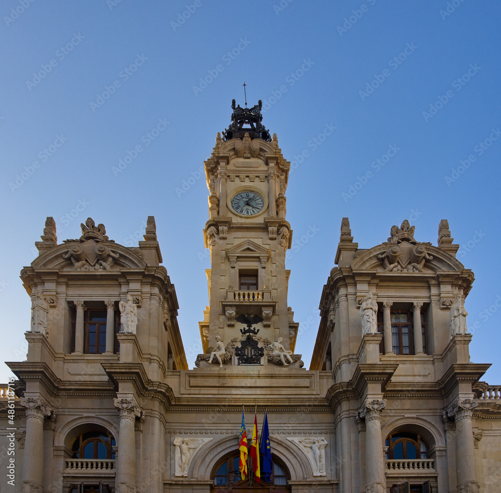 Valencia City Hall clock tower with blue sky in the background