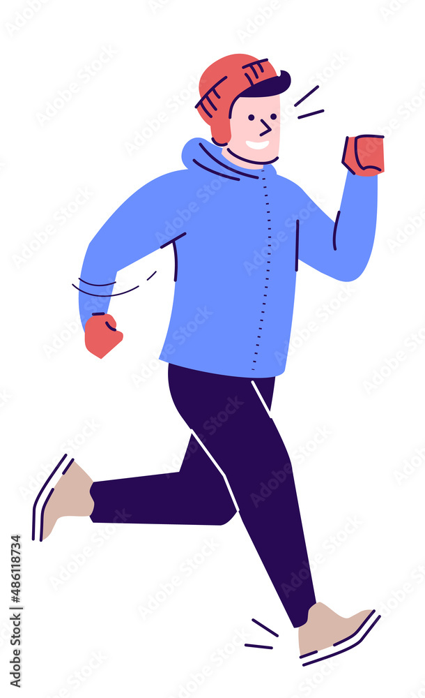 Competitive sporting event semi flat RGB color vector illustration. Male runner wearing winter outfit isolated cartoon character on white background