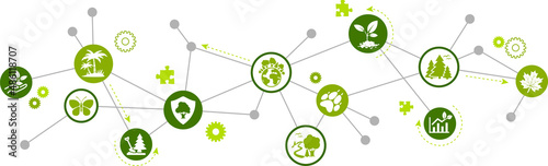 Reforestation vector illustration. Green concept with icons on environmental conservation, sustainable reforesting or forest management, tree planting, saving earth's ecosystem, forestry plantation.