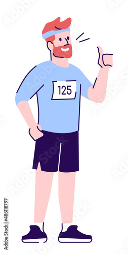 Local champion of running semi flat RGB color vector illustration. Marathon runner showing thumb up isolated cartoon character on white background