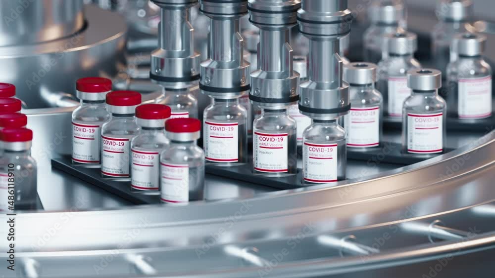 Automatic process of Sars-COV-2 COVID-19 coronavirus vaccine mass production. Machine puts red caps on glass bottles moving on pharmaceutical conveyor belt. Endless 3d animation, repeating action Automatic process of Sars-COV-2 COVID-19 coronavirus vaccine mass production. Machine puts red caps on glass bottles moving on pharmaceutical conveyor belt. Endless 3d animation, repeating action