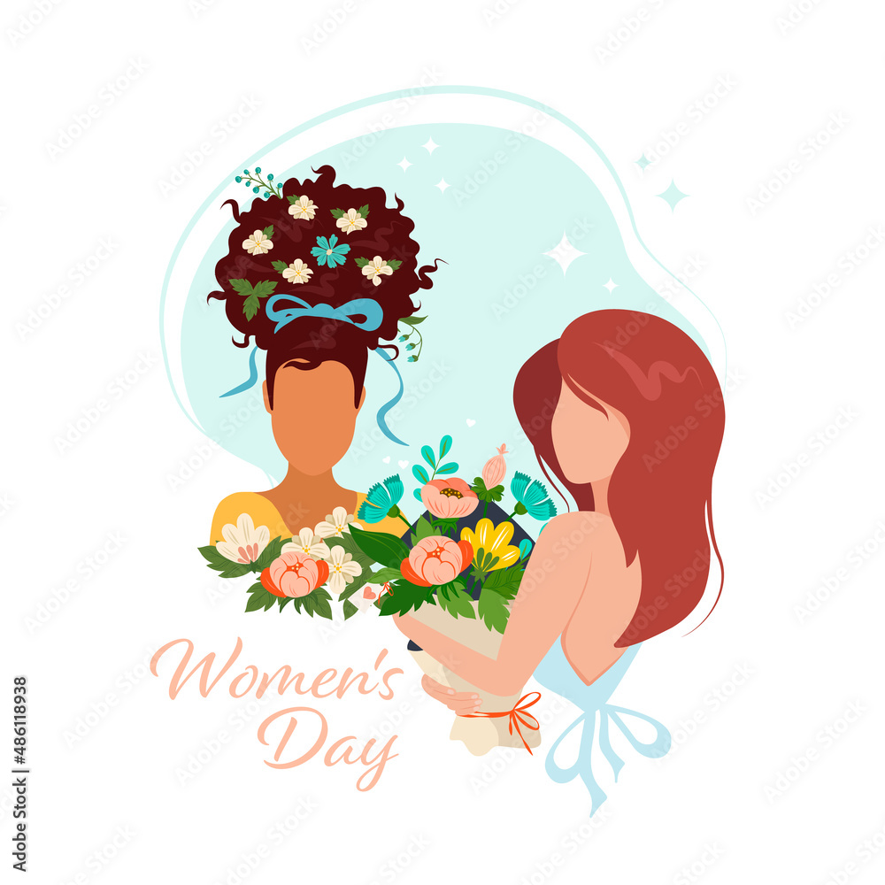Cute card with International Women's Day. Lovely girls with dark and fair skin are holding flowers. Vector illustration.