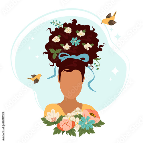 Black woman with flowers in her hair and birds. Spring holiday vector illustration. Hand drawn graceful romantic girl.