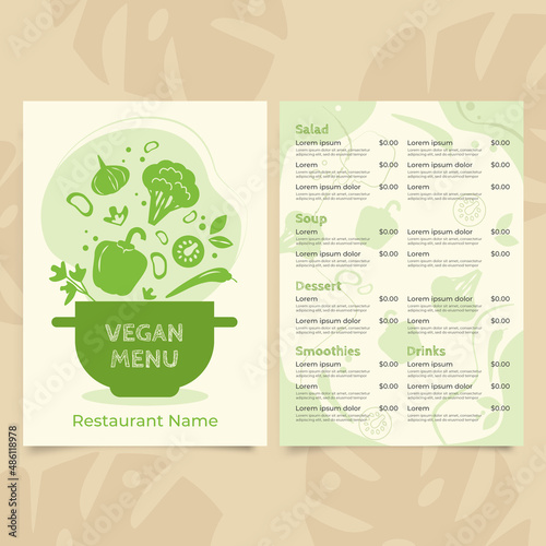 Vegan food menu for restaurant and cafe. Design template with hand drawn graphic elements in flat style. Vector illustration.
