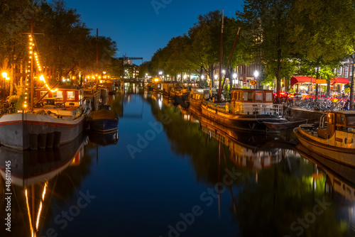 Cloudless Night on the Amsterdam Canal with Boats
