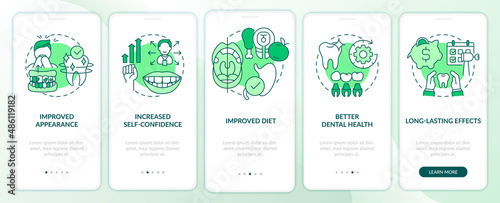 Aesthetic dentistry benefits green onboarding mobile app screen. Walkthrough 5 steps graphic instructions pages with linear concepts. UI, UX, GUI template. Myriad Pro-Bold, Regular fonts used