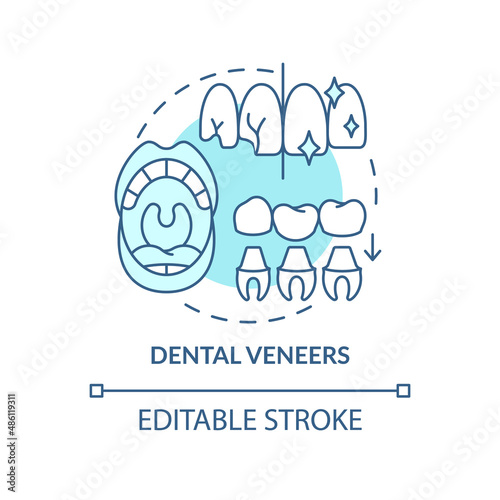 Dental veneers turquoise concept icon. Aesthetic dentistry abstract idea thin line illustration. Dental issues correction. Isolated outline drawing. Editable stroke. Arial, Myriad Pro-Bold fonts used