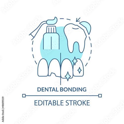 Dental bonding turquoise concept icon. Attaching composite resin to tooth abstract idea thin line illustration. Isolated outline drawing. Editable stroke. Arial, Myriad Pro-Bold fonts used