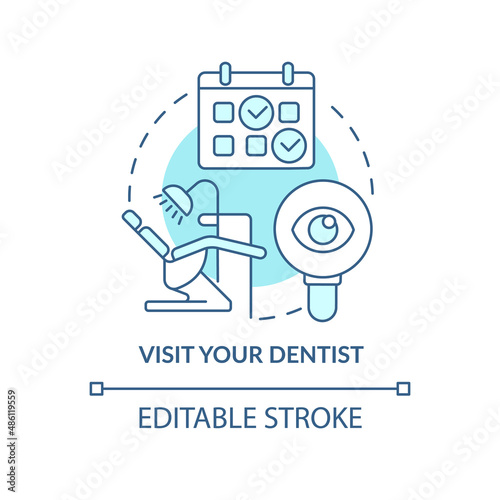 Visit dentist turquoise concept icon. Dental veneers aftercare abstract idea thin line illustration. Proper oral health. Isolated outline drawing. Editable stroke. Arial, Myriad Pro-Bold fonts used