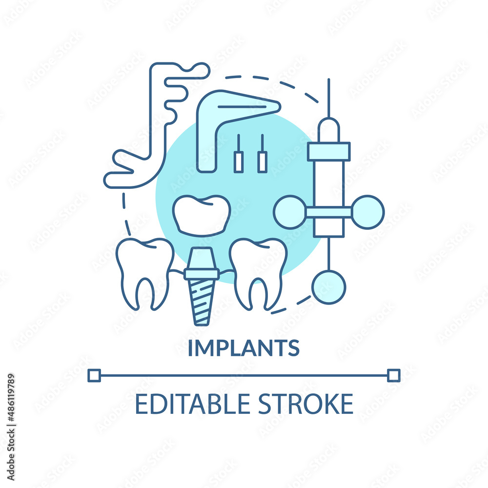 Implants turquoise concept icon. Cosmetic enhancement abstract idea thin line illustration. Dental implant surgery. Isolated outline drawing. Editable stroke. Arial, Myriad Pro-Bold fonts used