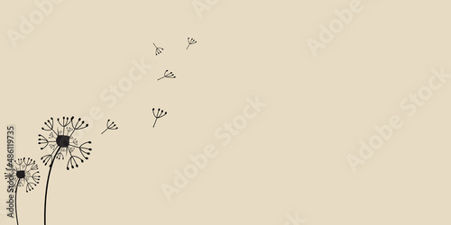 cream background with dandelion silhouette and flying seeds isolated on vector illustration and copy space area 