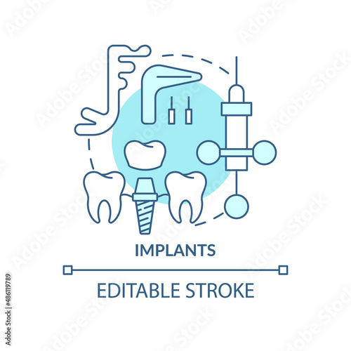 Implants turquoise concept icon. Cosmetic enhancement abstract idea thin line illustration. Dental implant surgery. Isolated outline drawing. Editable stroke. Arial, Myriad Pro-Bold fonts used