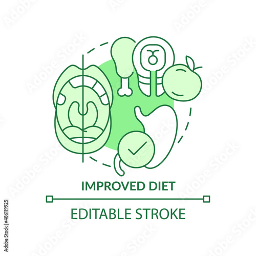 Improved diet green concept icon. Tooth enhancement benefit abstract idea thin line illustration. Healthy nutrition. Isolated outline drawing. Editable stroke. Arial, Myriad Pro-Bold fonts used