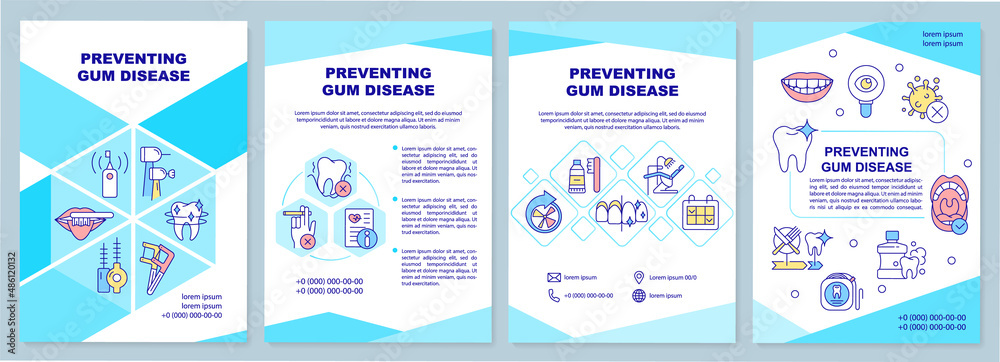 Preventing gum disease turquoise brochure template. Good habits. Leaflet design with linear icons. 4 vector layouts for presentation, annual reports. Arial-Black, Myriad Pro-Regular fonts used