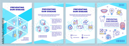 Preventing gum disease turquoise brochure template. Good habits. Leaflet design with linear icons. 4 vector layouts for presentation, annual reports. Arial-Black, Myriad Pro-Regular fonts used