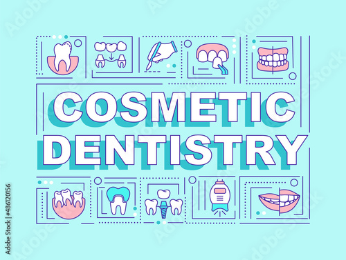 Cosmetic dentistry word concepts mint banner. Improving smile. Facial aesthetics. Infographics with icons on color background. Isolated typography. Vector illustration with text. Arial-Black font used