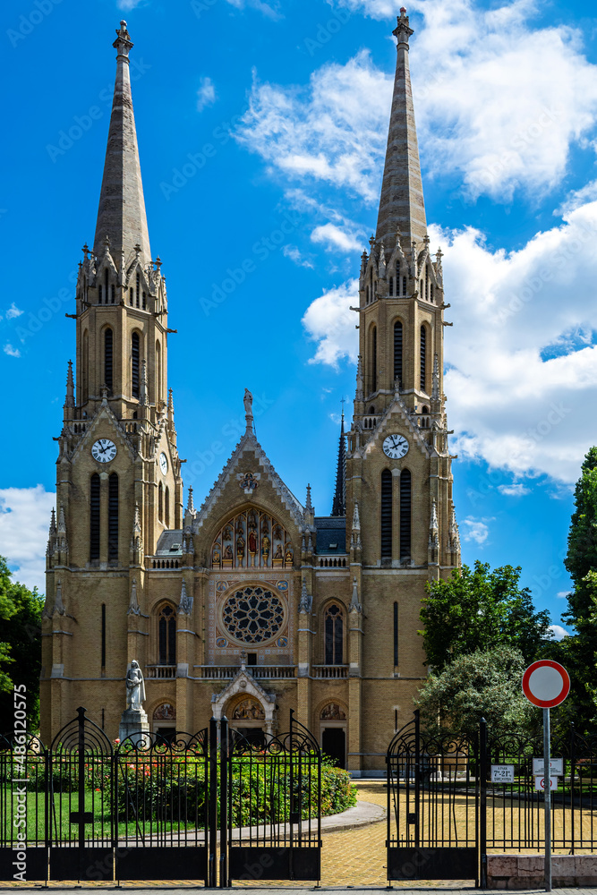 Church of St. Elizabeth of Arpad in Budapest, Hungary. Catholic church with two clock towers.