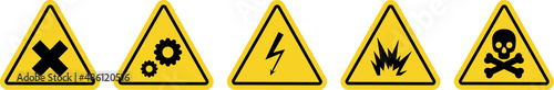 Yellow triangle safety signs set for print. Allergic (irritant) substances harmful to health, settings, high voltage, explosive materials, toxic substances.