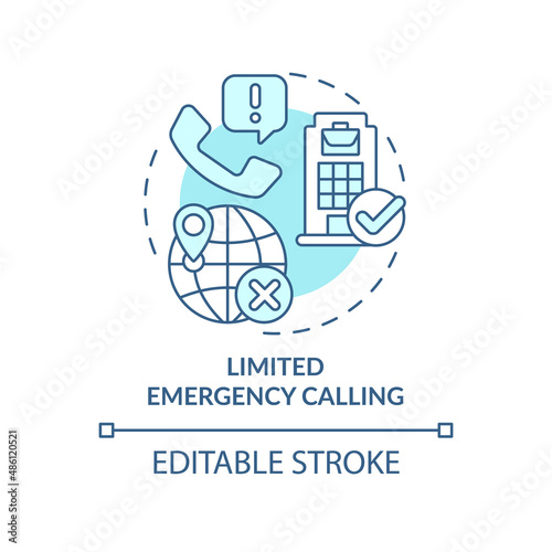 Limited emergency calling turquoise concept icon. Actual location. UCaaS problems abstract idea thin line illustration. Isolated outline drawing. Editable stroke. Arial, Myriad Pro-Bold fonts used