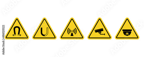 Yellow triangle safety signs set for print. Magnetic field, electromagnetic field, video surveillance.