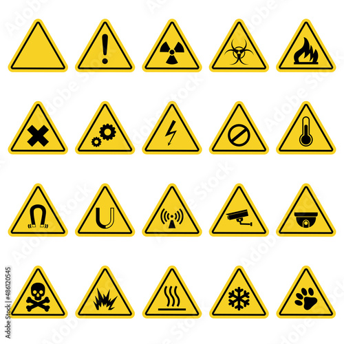 Yellow triangle safety signs set for print. Vector warning symbols. Magnetic field, biohazard, video surveillance, allergic substances.