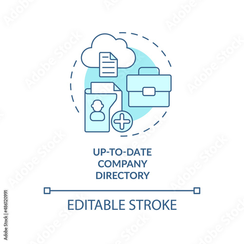 Up-to-date company directory turquoise concept icon. Access to employees. UCaaS abstract idea thin line illustration. Isolated outline drawing. Editable stroke. Arial, Myriad Pro-Bold fonts used