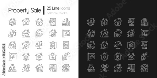 Property sale linear icons set for dark, light mode. Real estate market. House purchase. Thin line symbols for night, day theme. Isolated illustrations. Editable stroke. Quicksand-Light font used
