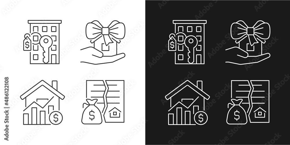 Real estate market linear icons set for dark, light mode. Apartment purchasing. Home donation. Realty price. Thin line symbols for night, day theme. Isolated illustrations. Editable stroke Real estate market linear icons set for dark, light mode. Apartment purchasing. Home donation. Realty price. Thin line symbols for night, day theme. Isolated illustrations. Editable stroke