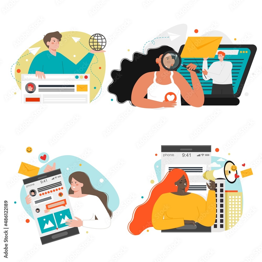 Fototapeta premium People sending email, text messages, sms, chatting on social media. Digital communication, vector illustration.