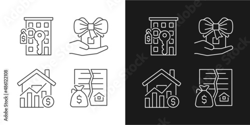 Real estate market linear icons set for dark, light mode. Apartment purchasing. Home donation. Realty price. Thin line symbols for night, day theme. Isolated illustrations. Editable stroke