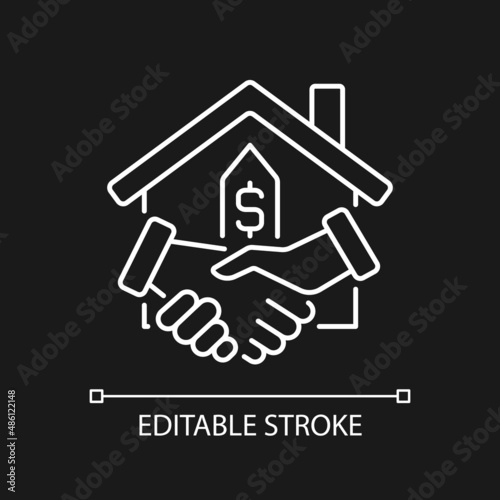 Closing white linear icon for dark theme. Property transfer from seller to buyer. Real estate. Buy house. Thin line illustration. Isolated symbol for night mode. Editable stroke. Arial font used