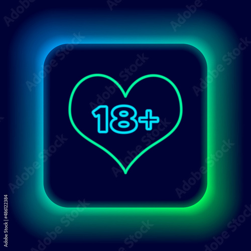 Glowing neon line 18 plus content heart icon isolated on black background. Adults content only icon. Colorful outline concept. Vector