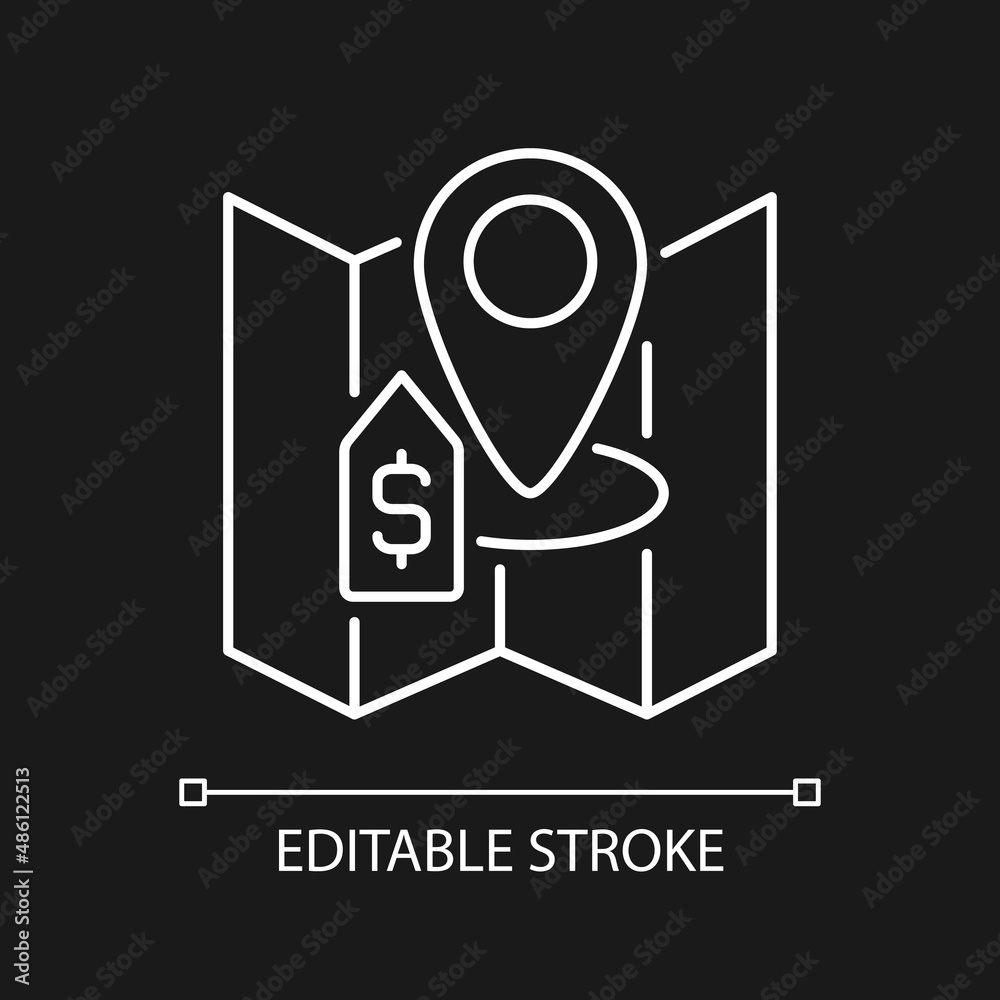 Land selling white linear icon for dark theme. Plot trading and purchasing. building construction. Real estate. Thin line illustration. Isolated symbol for night mode. Editable stroke. Arial font used Land selling white linear icon for dark theme. Plot trading and purchasing. building construction. Real estate. Thin line illustration. Isolated symbol for night mode. Editable stroke. Arial font used