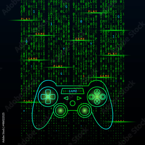 game joystick on the background of a stream of binary matrix code on the screen. computer matrix numbers.