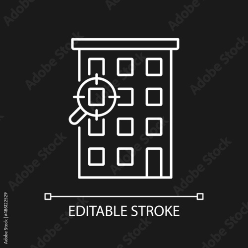 Flat search services white linear icon for dark theme. Help to find dwelling. Rent apartment and housing unit. Thin line illustration. Isolated symbol for night mode. Editable stroke. Arial font used