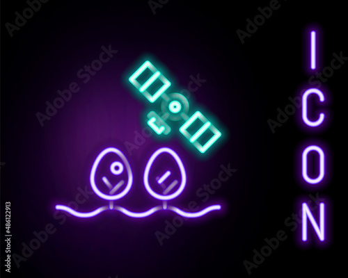 Glowing neon line Smart farm with drone control and tree icon isolated on black background. Innovation technology for agricultural company. Colorful outline concept. Vector