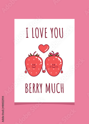 Greeting card for valentines day. Two strawberries in love holding hands. Vector illustration.