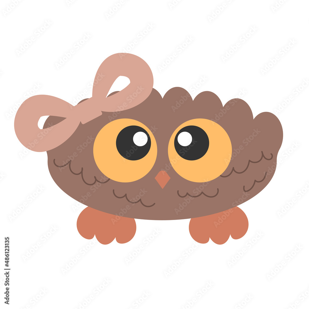 Little Cute Girl Bird Owl with big eyes with bow on head