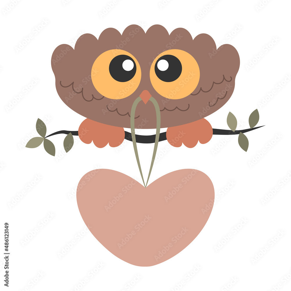 Obraz premium Little Cute Bird Owl with big eyes sitting on the branch and holding a big heart in his beak