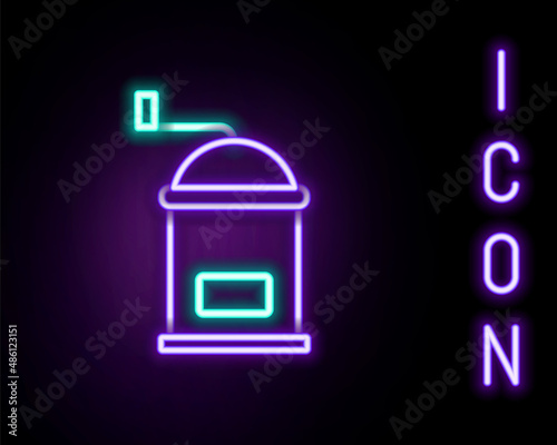 Glowing neon line Manual coffee grinder icon isolated on black background. Colorful outline concept. Vector