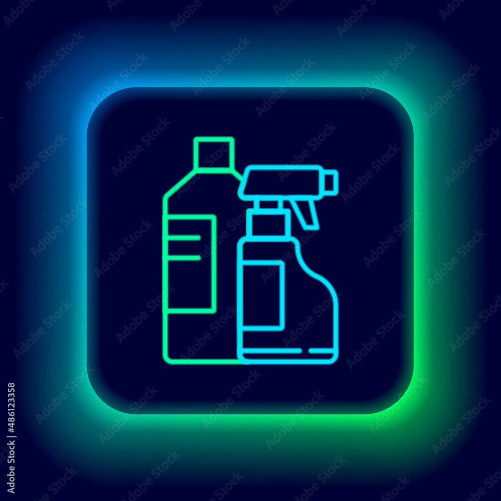 Glowing neon line Plastic bottles for laundry detergent, bleach, dishwashing liquid or another cleaning agent icon isolated on black background. Colorful outline concept. Vector Glowing neon line Plastic bottles for laundry detergent, bleach, dishwashing liquid or another cleaning agent icon isolated on black background. Colorful outline concept. Vector