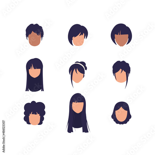 Large Set of Faces Women with different hairstyles and different nationalities. Isolated on white background. Vector illustration.