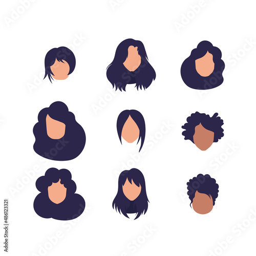 Large Set of Faces Women with different hairstyles and different nationalities. Isolated on white background. Vector.